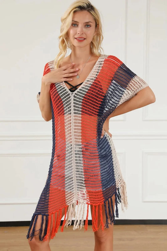 Multicolor Tassel Color Block V-Neck Cover Up coverups