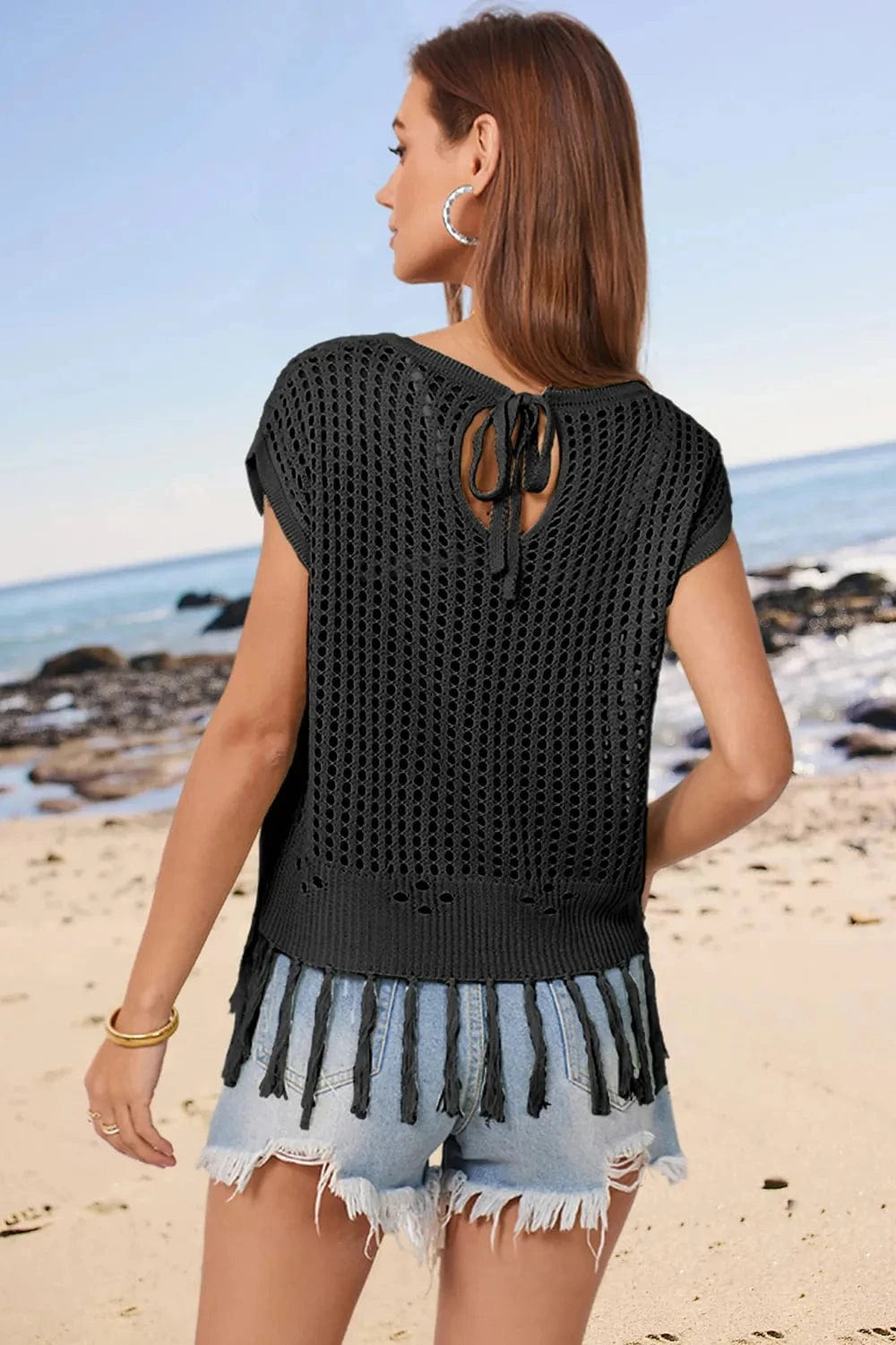Openwork Cap Sleeve Knit Cover Up with Tassel coverups