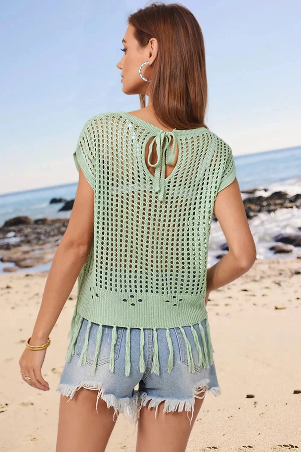 Openwork Cap Sleeve Knit Cover Up with Tassel coverups