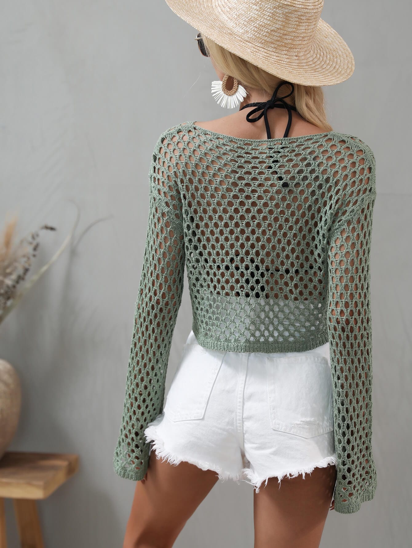 Openwork Flare Sleeve Cropped Cover Up coverups