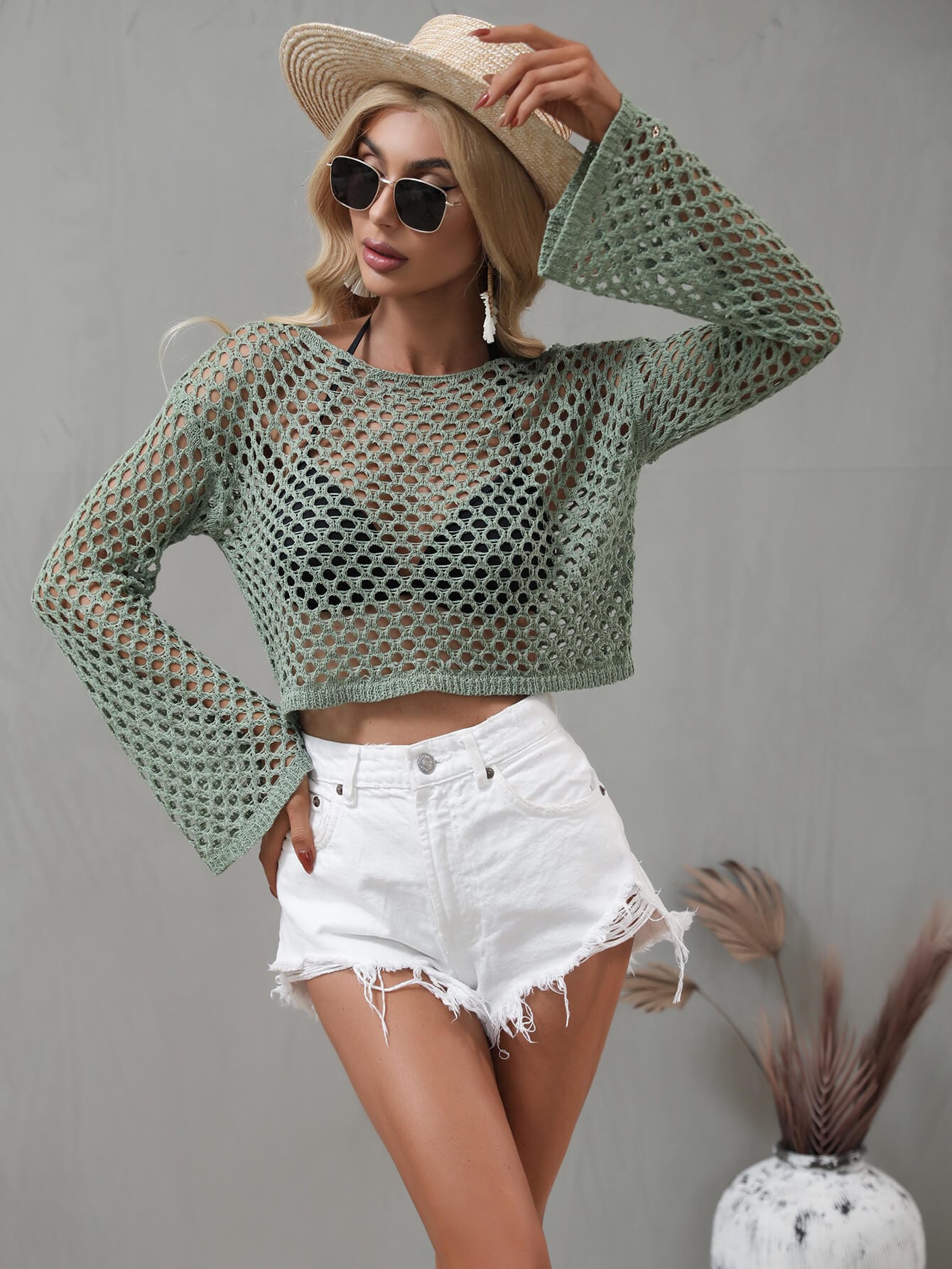 Openwork Flare Sleeve Cropped Cover Up coverups