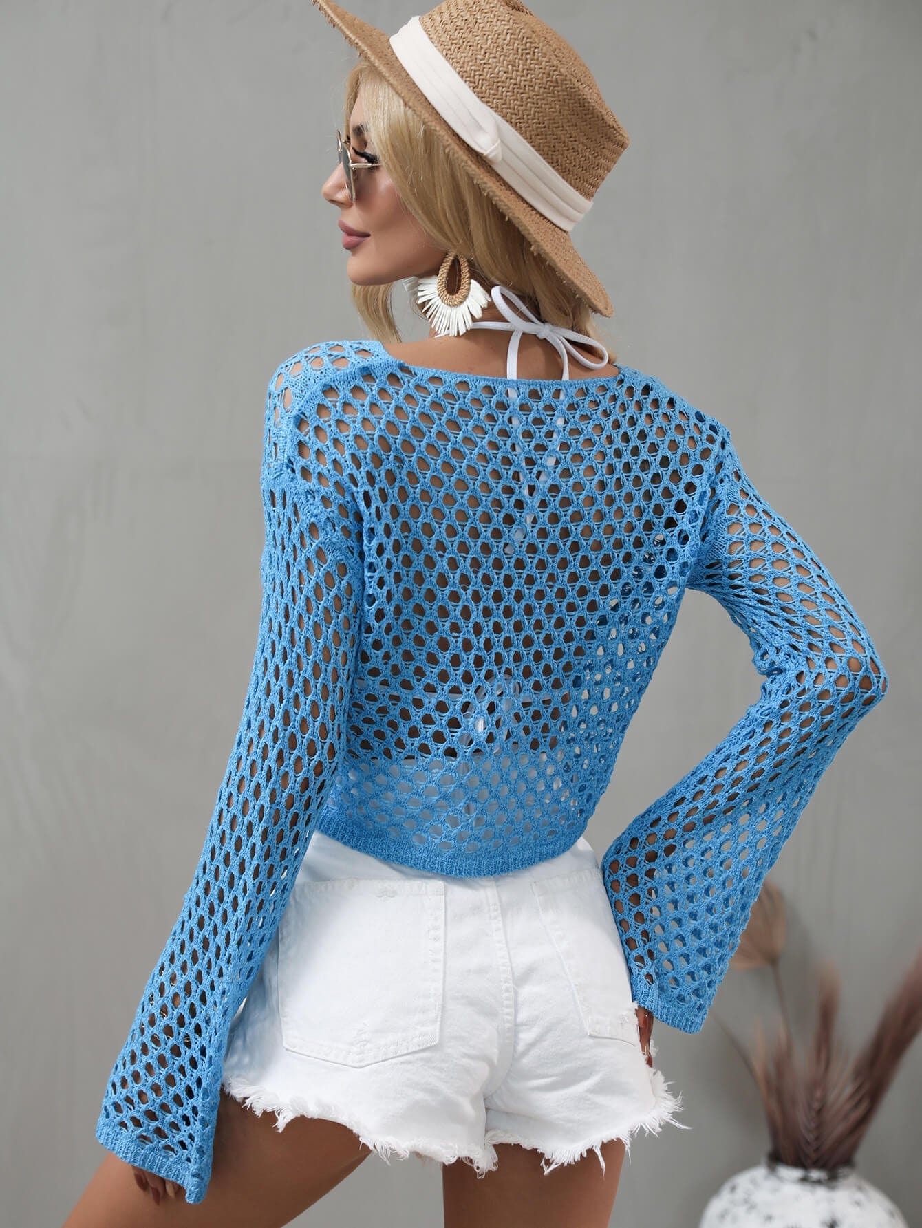 Openwork Flare Sleeve Cropped Cover Up coverups