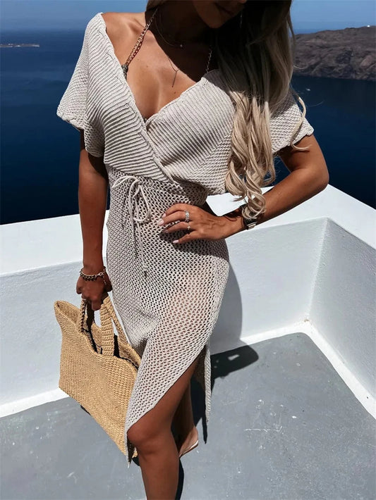 Tan Slit Surplice Cap Sleeve Cover Up coverups
