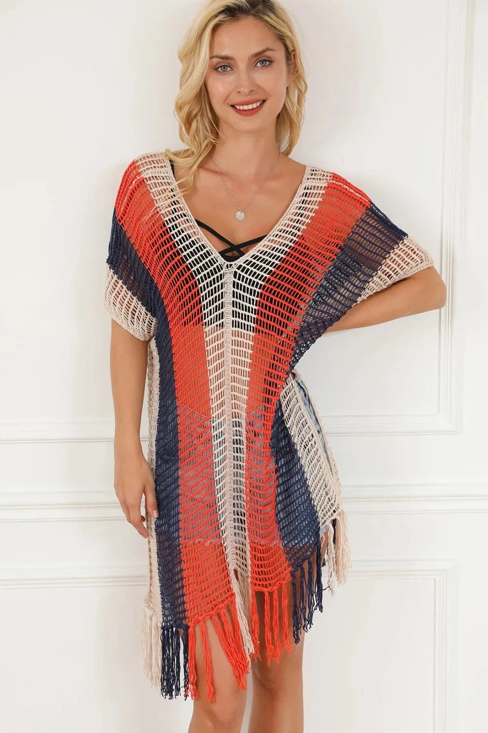 Tassel Color Block V-Neck Cover Up coverups