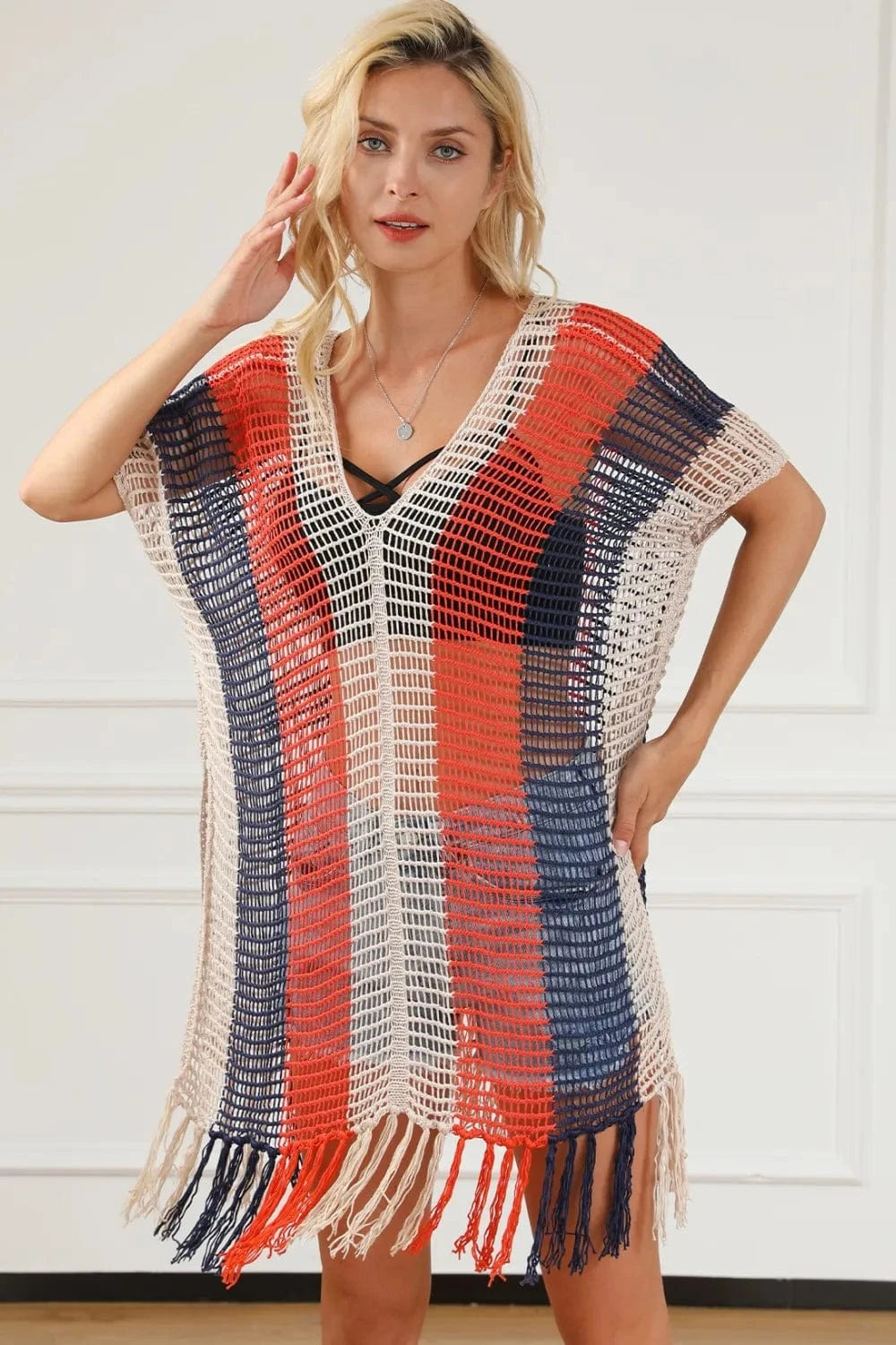 Tassel Color Block V-Neck Cover Up coverups