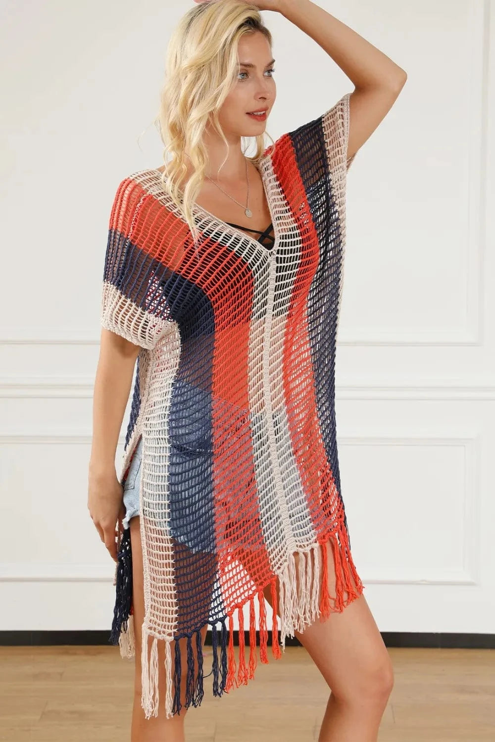 Tassel Color Block V-Neck Cover Up coverups