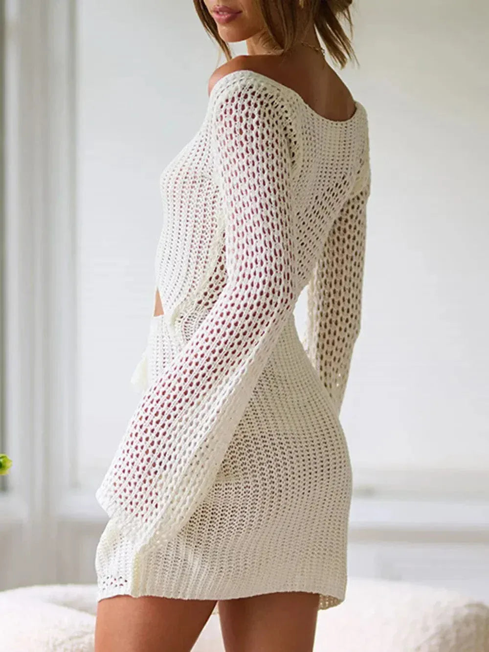 Lace Up Cutout Long Sleeve Beach Cover Up Dress