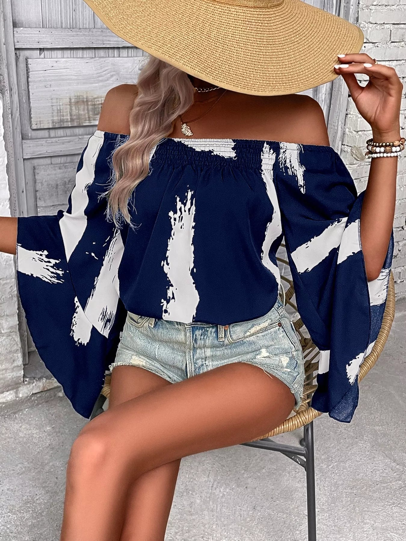 off shoulder bell sleeve blouse