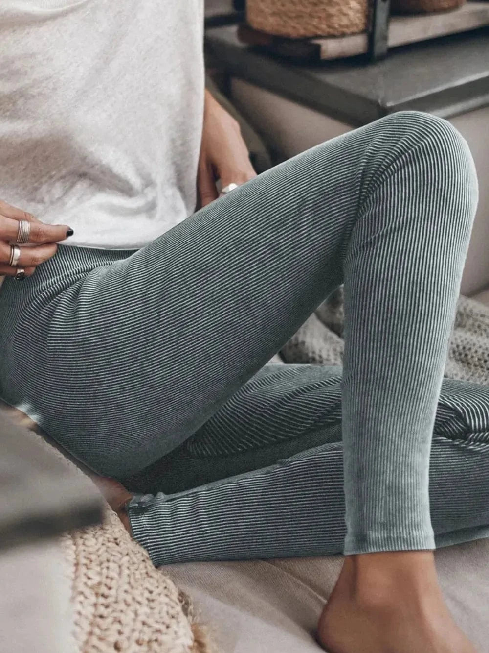 Dark Gray Ribbed Elastic Waist Leggings