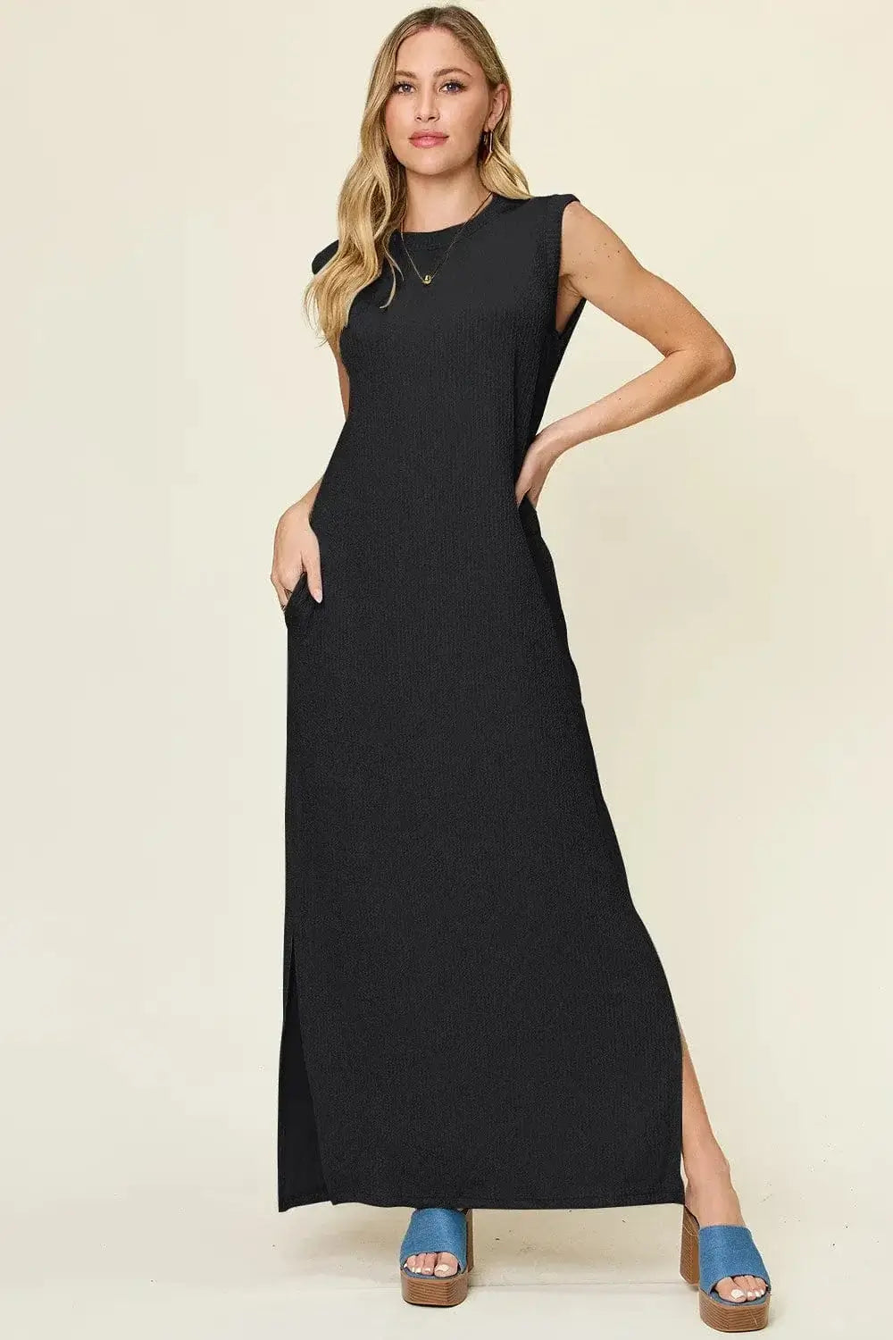 Dresses Black / S Double Take Full Size Texture Mock Neck Sleeveless Maxi Dress Double Take Full Size Texture Mock Neck Sleeveless Maxi Dress