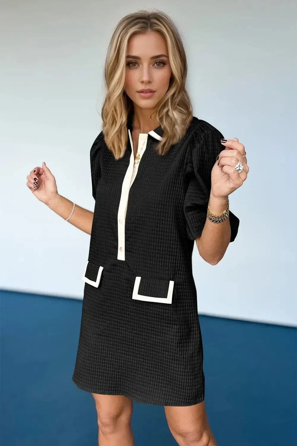 textured half button puff sleeve dress
