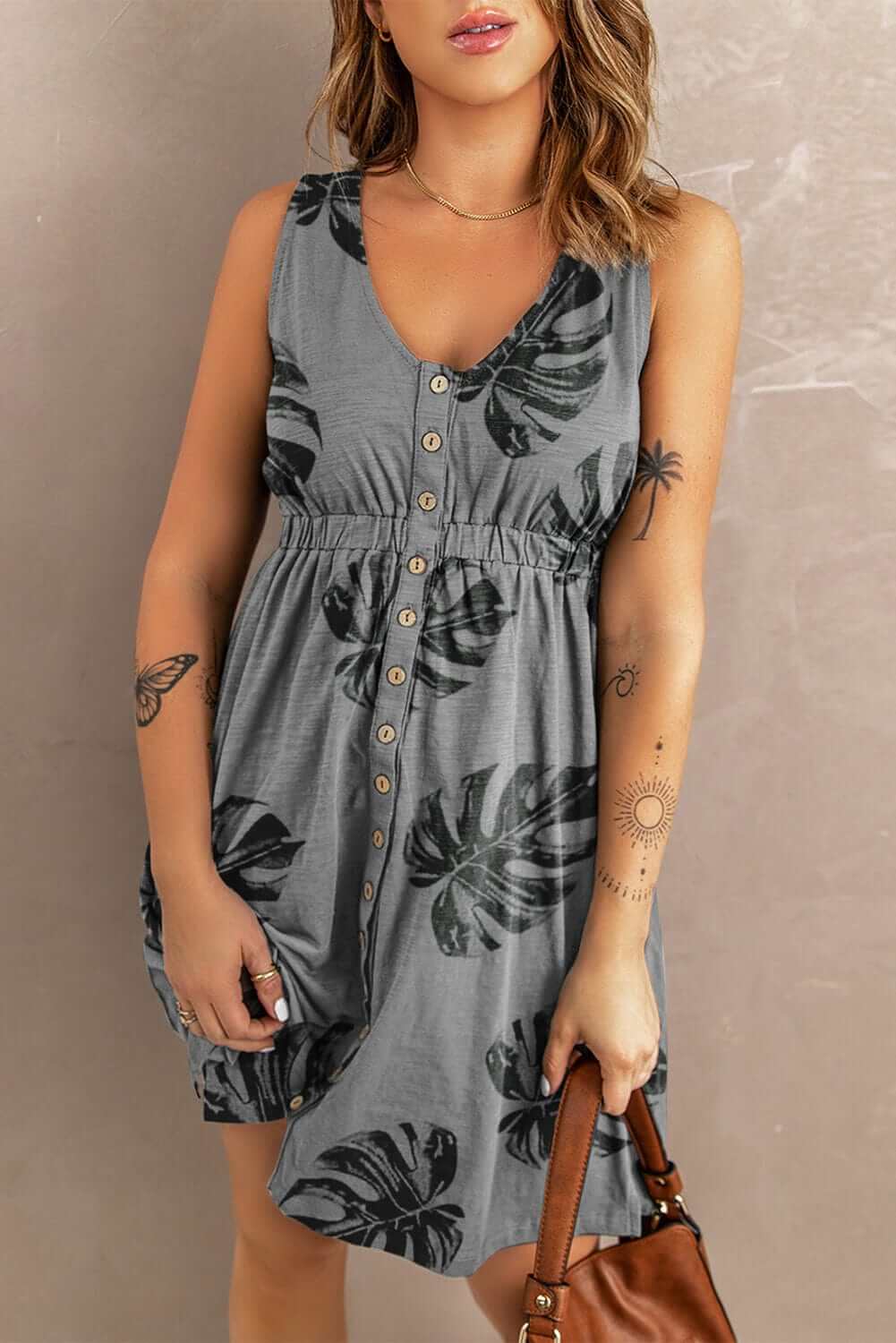 buttoned round neck sleeveless mini dress