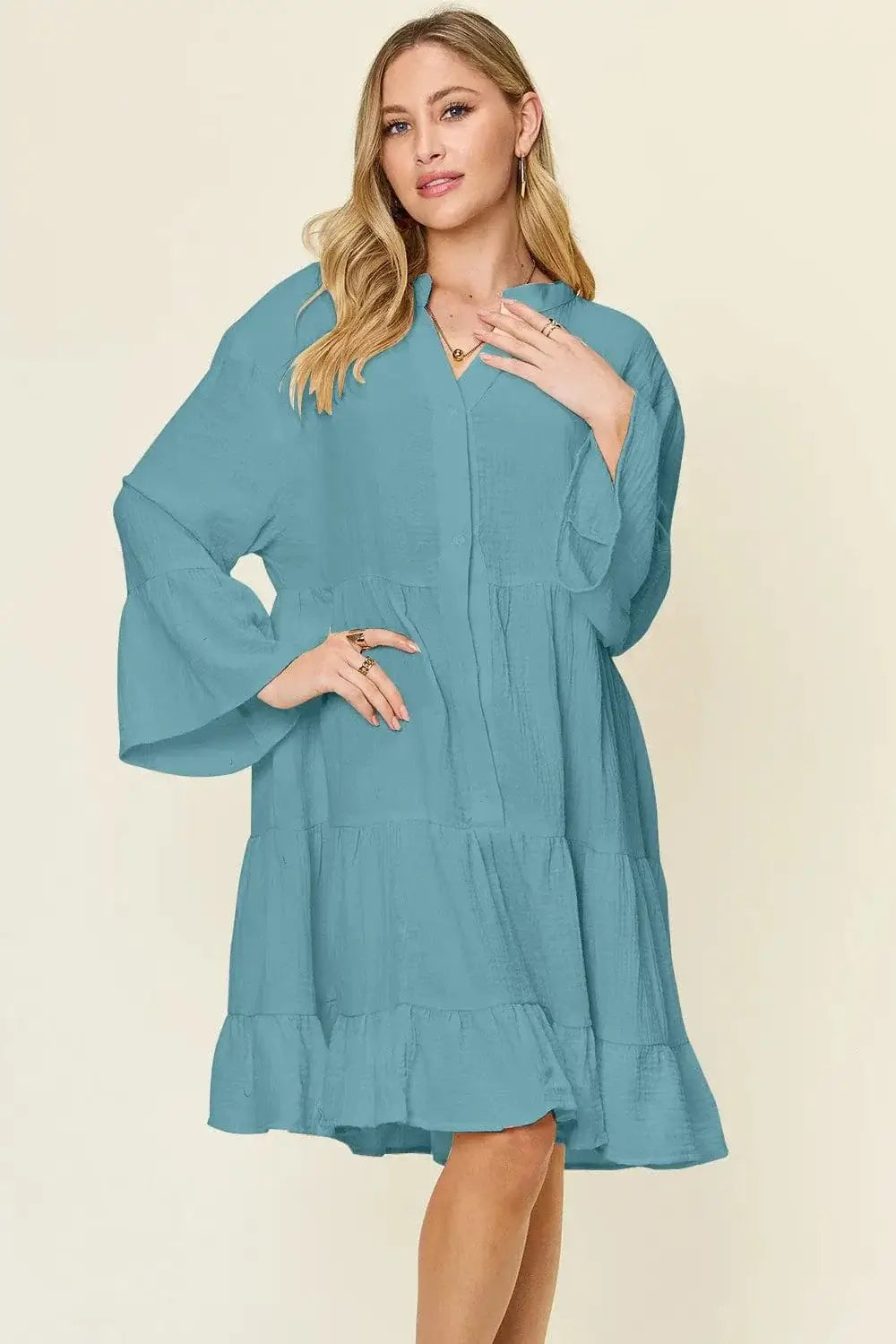 Dresses Cerulean / S Double Take Full Size Texture Button Up Ruffle Hem Dress Double Take Full Size Texture Button Up Ruffle Hem Dress