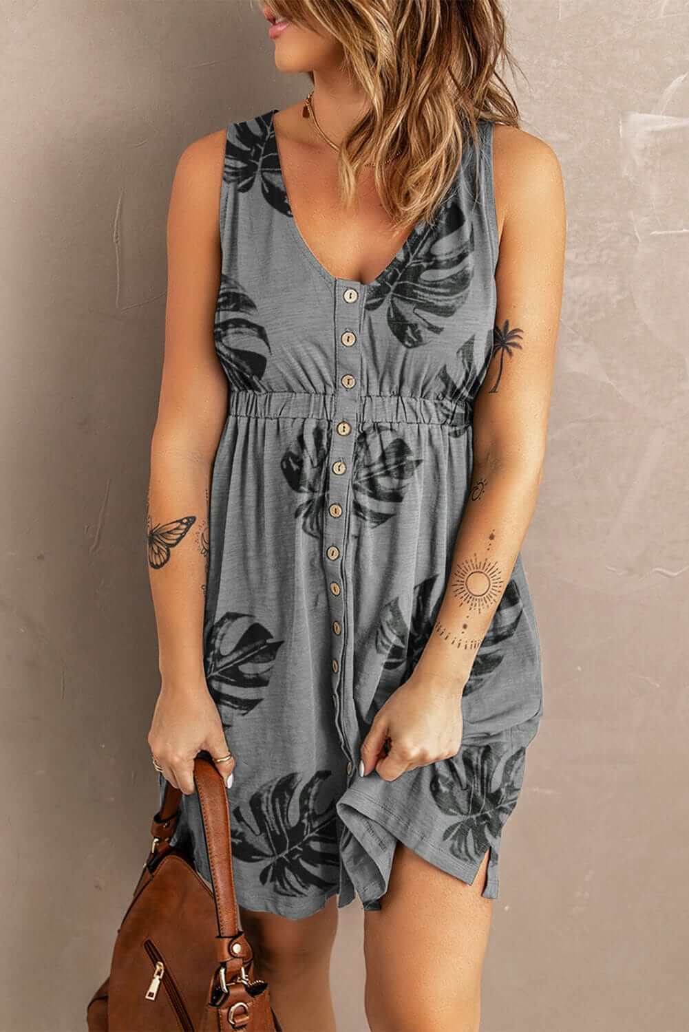 buttoned round neck sleeveless mini dress