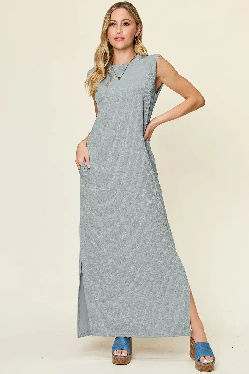 Dresses Cloudy Blue / S Double Take Full Size Texture Mock Neck Sleeveless Maxi Dress Double Take Full Size Texture Mock Neck Sleeveless Maxi Dress