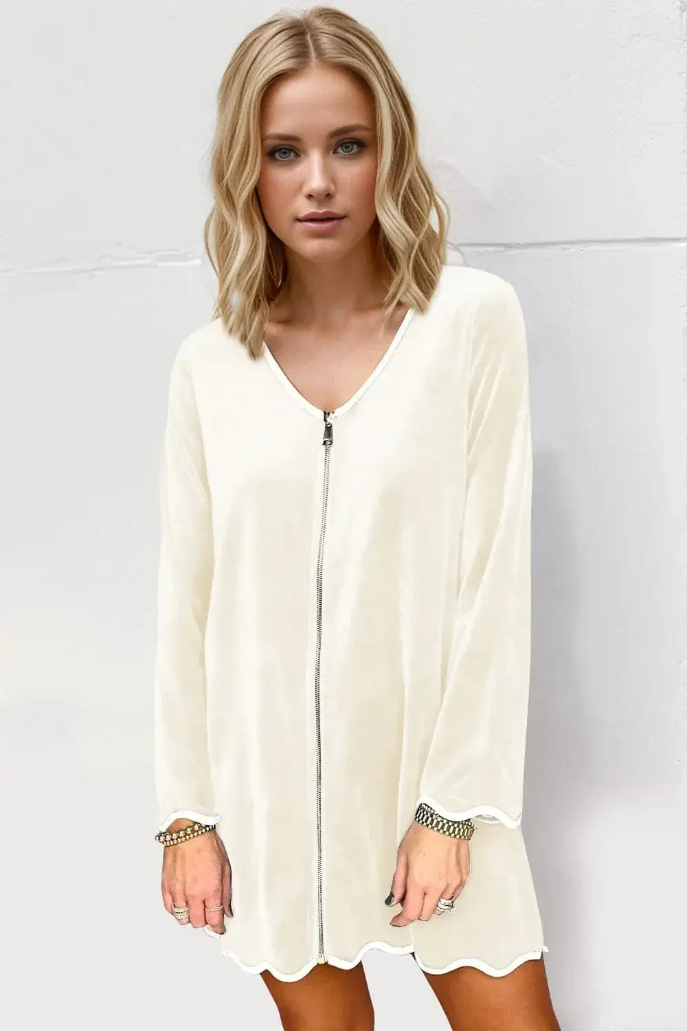 double take wave contrast v-neck zip up mini dress