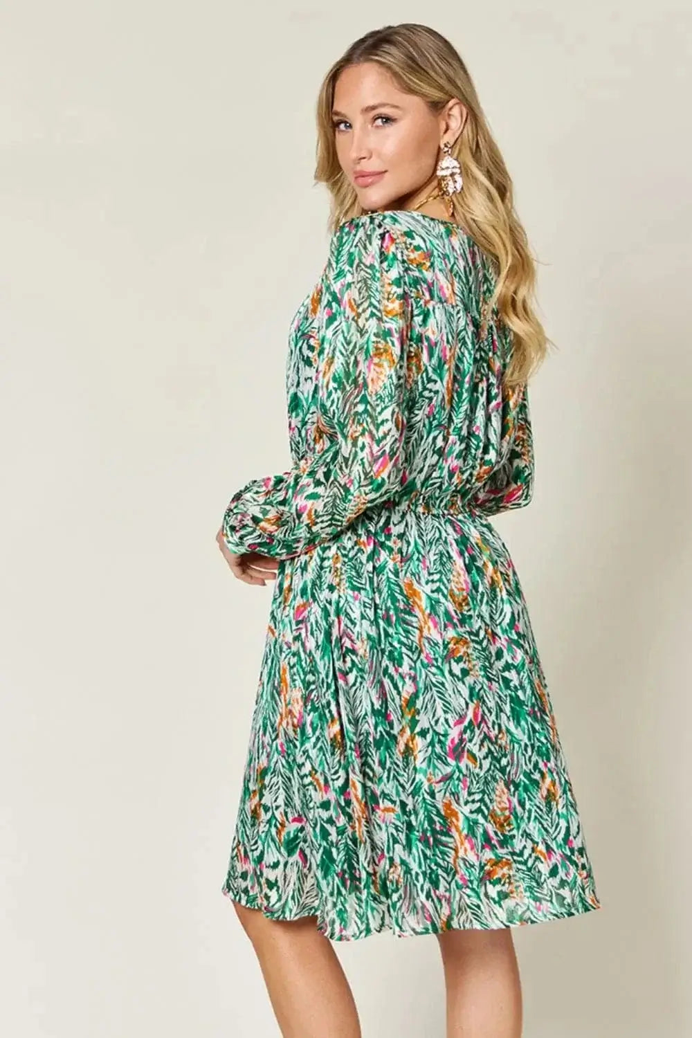 double take printed drawstring waist dress