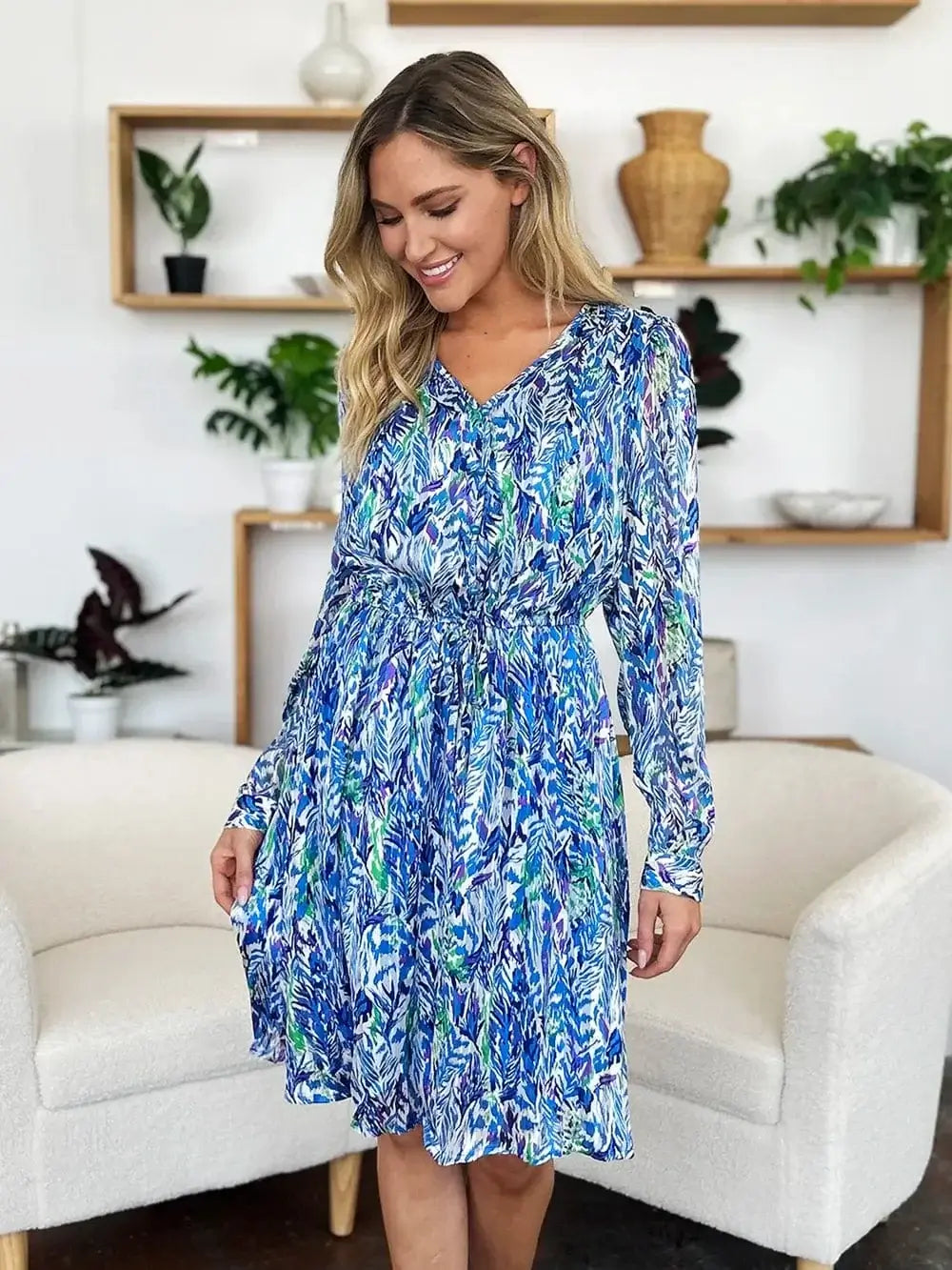 double take printed drawstring waist dress