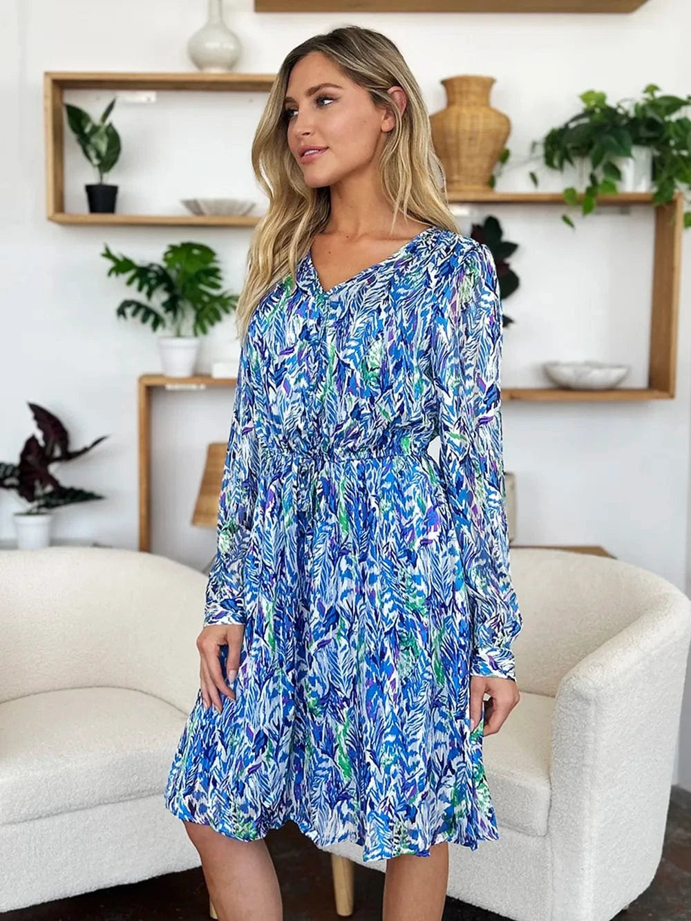 double take printed drawstring waist dress