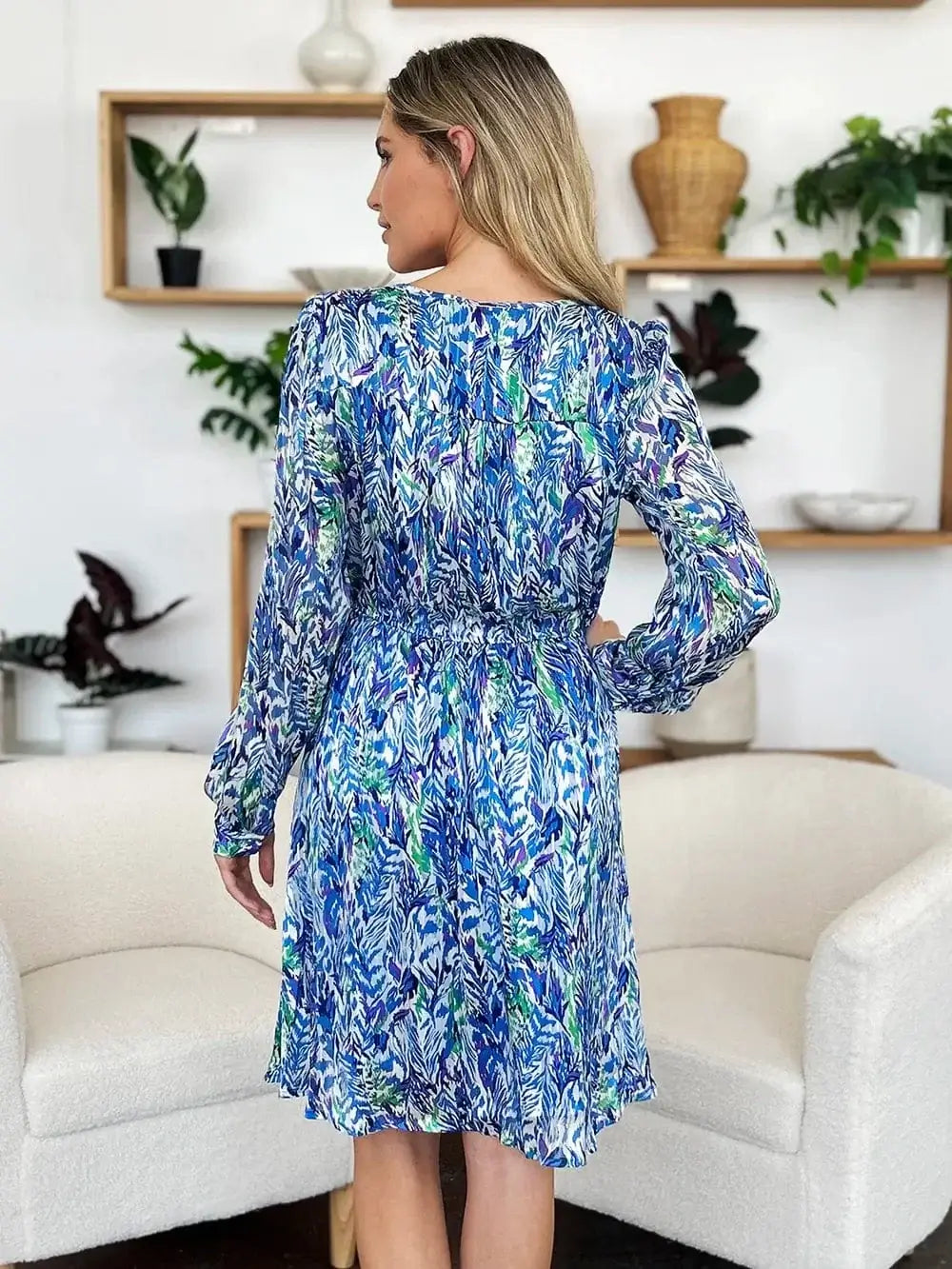 double take printed drawstring waist dress