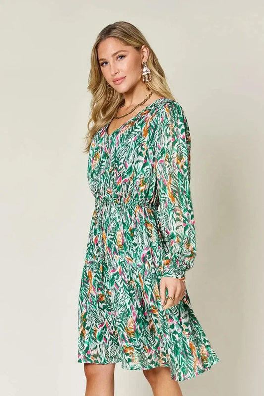 double take printed drawstring waist dress