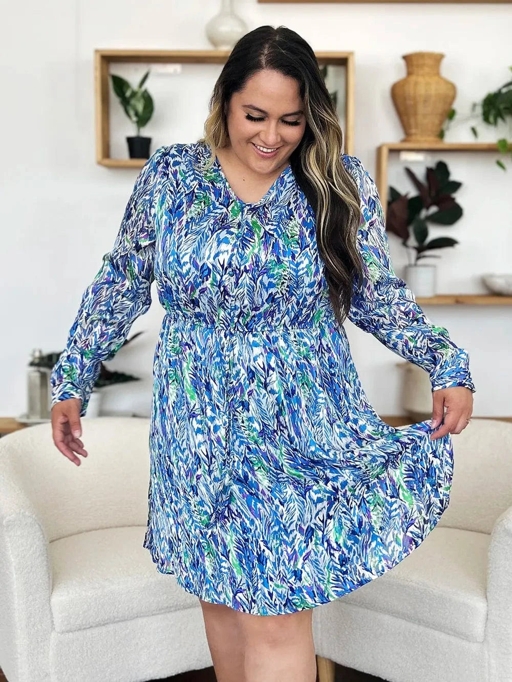 double take printed drawstring waist dress