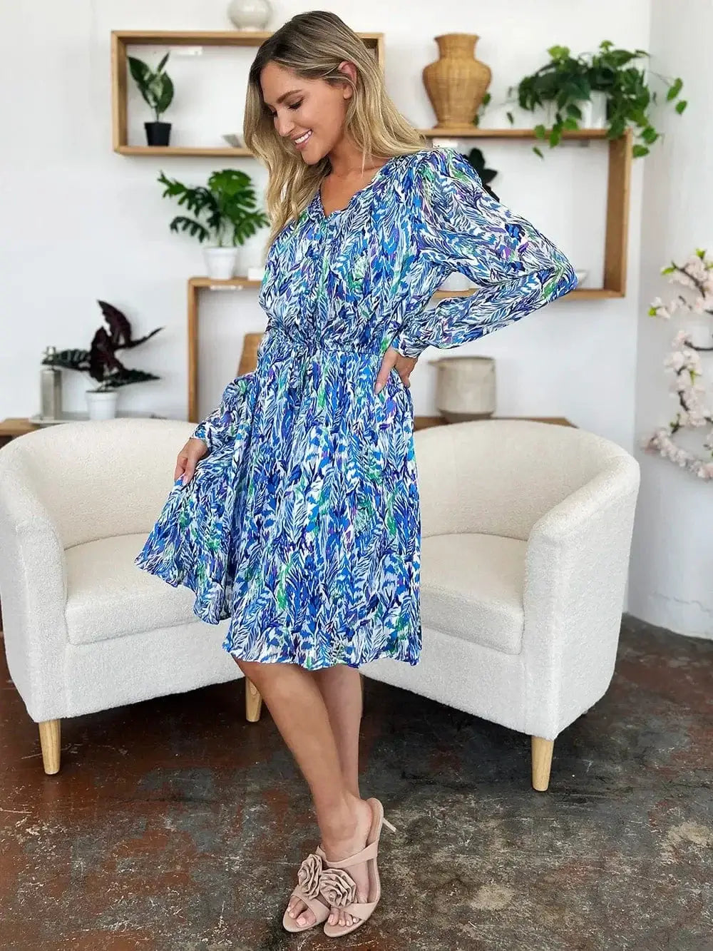 double take printed drawstring waist dress
