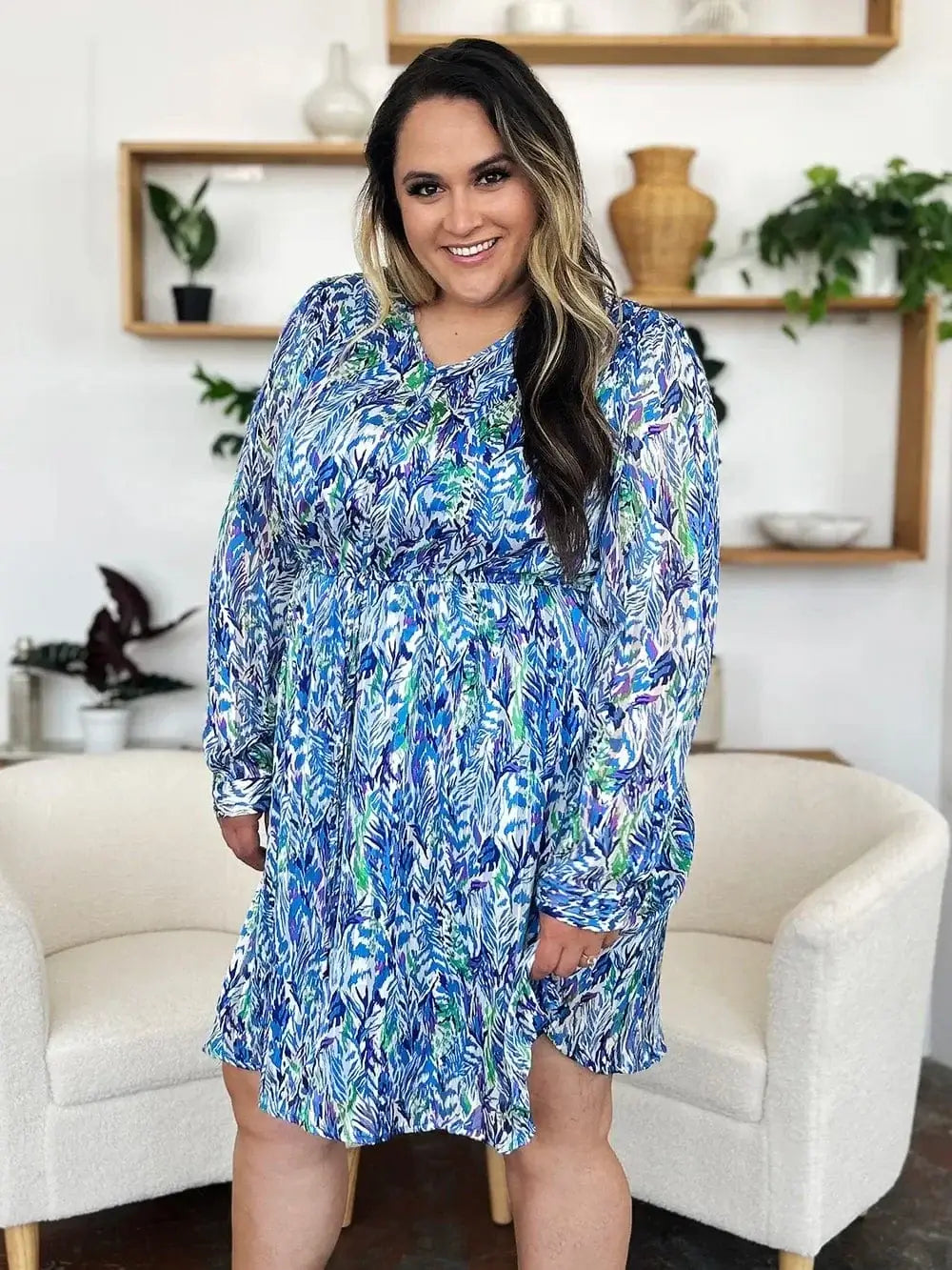 double take printed drawstring waist dress