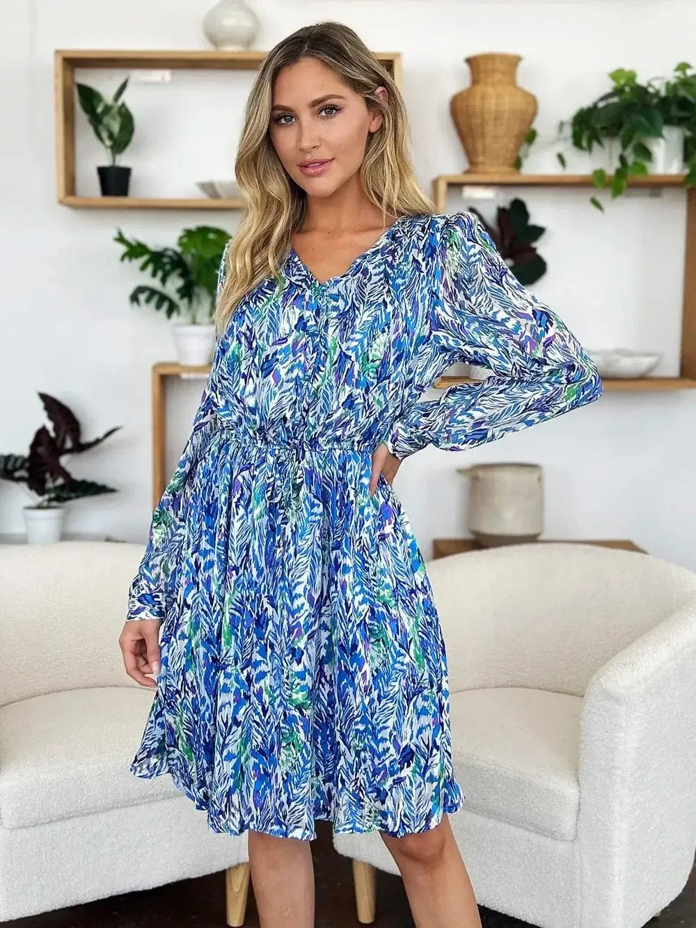 double take printed drawstring waist dress