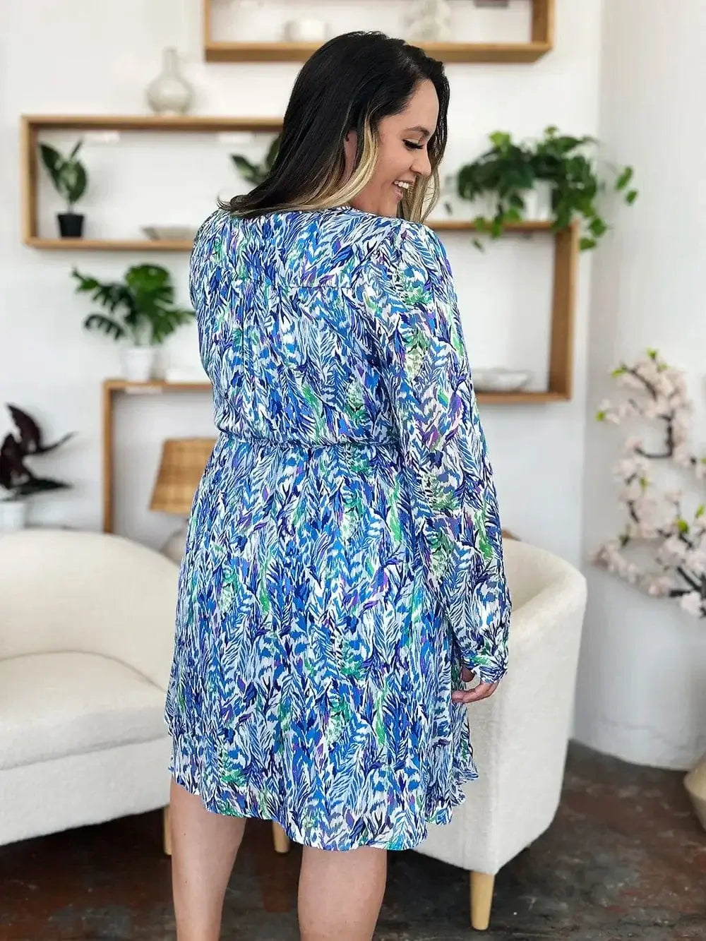 double take printed drawstring waist dress
