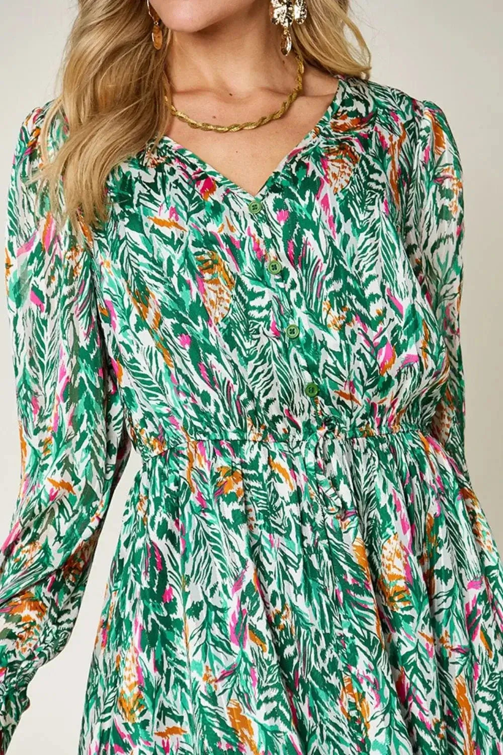 double take printed drawstring waist dress