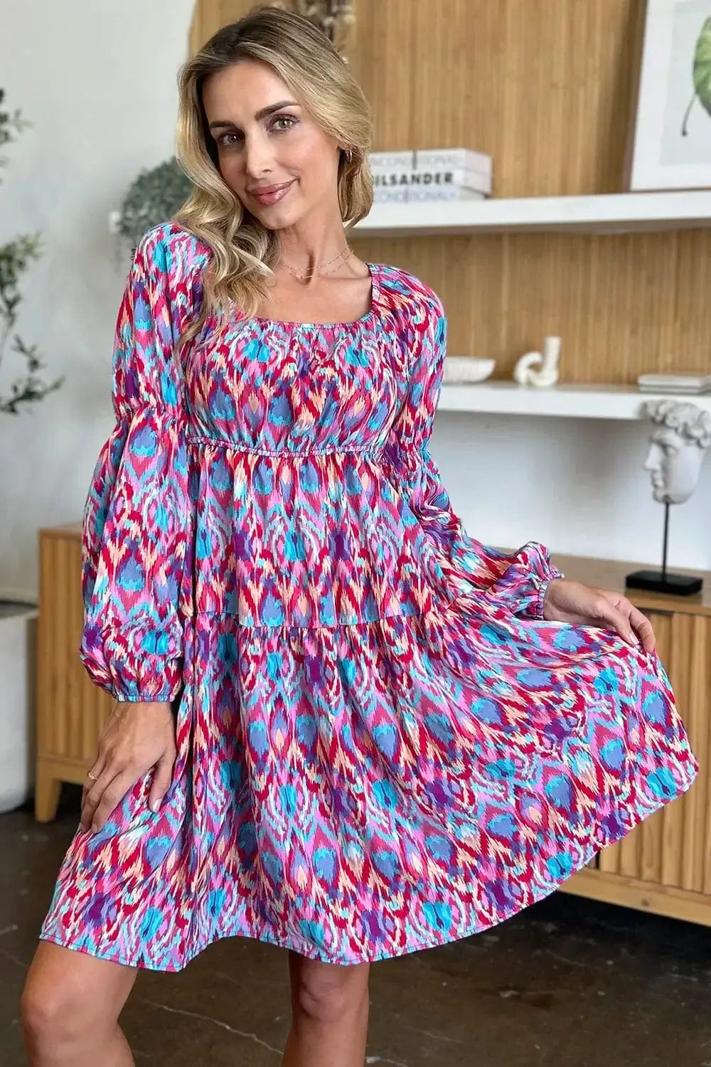 double take printed long sleeve dress