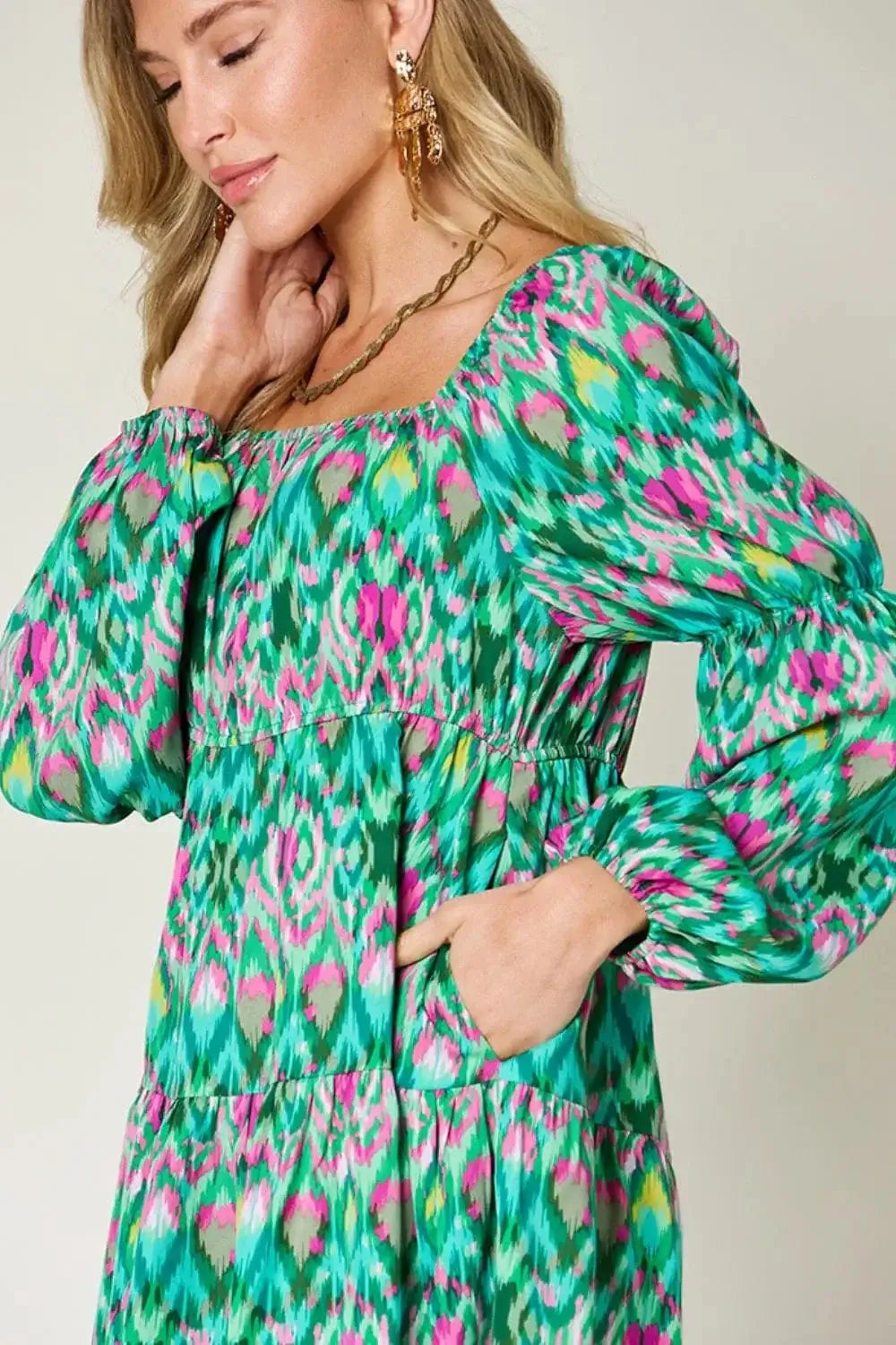 double take printed long sleeve dress