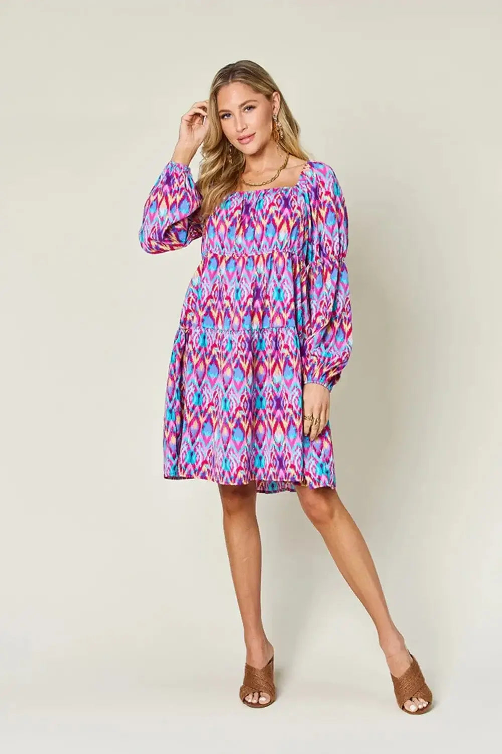 double take printed long sleeve dress