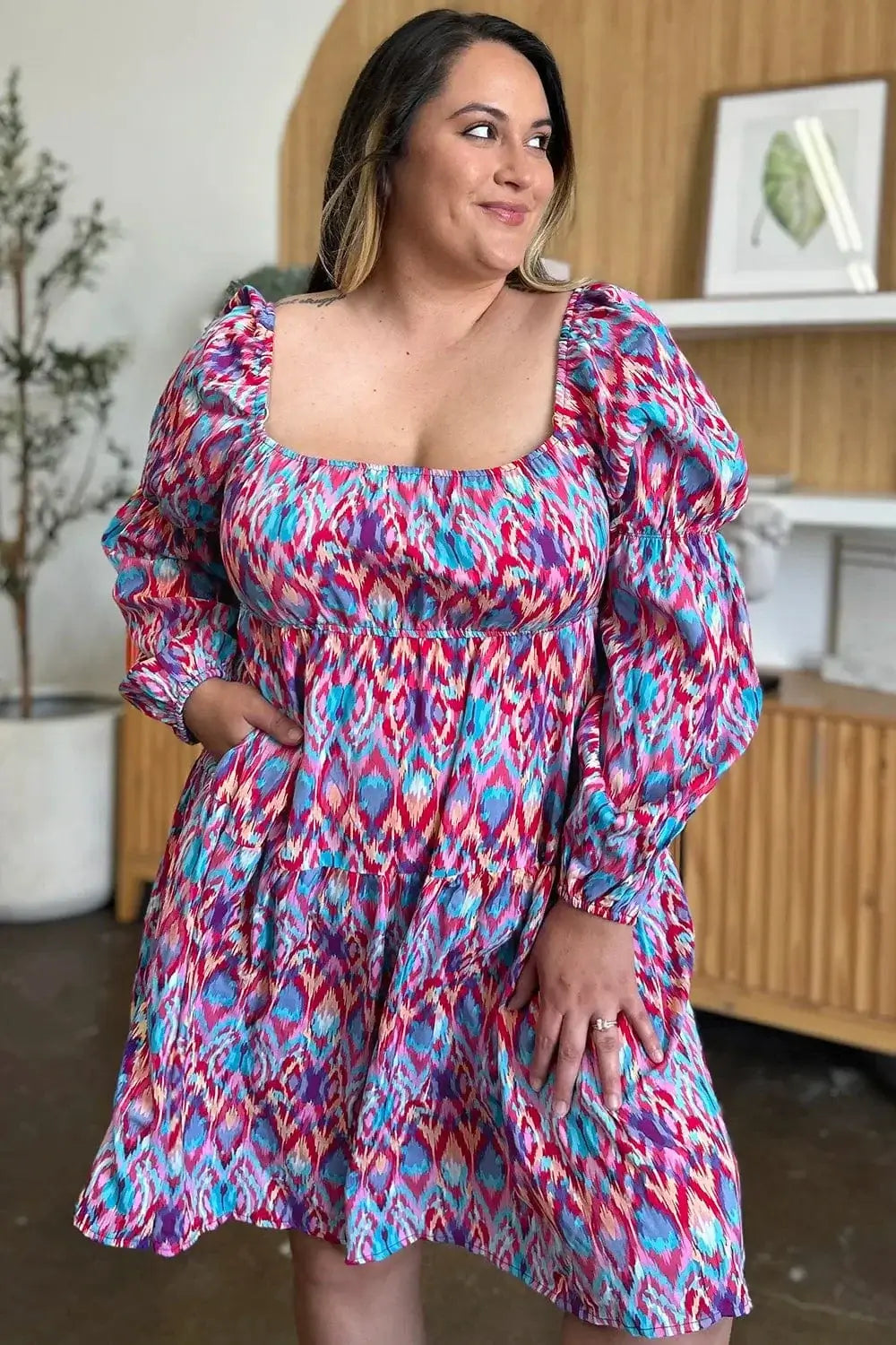 double take printed long sleeve dress