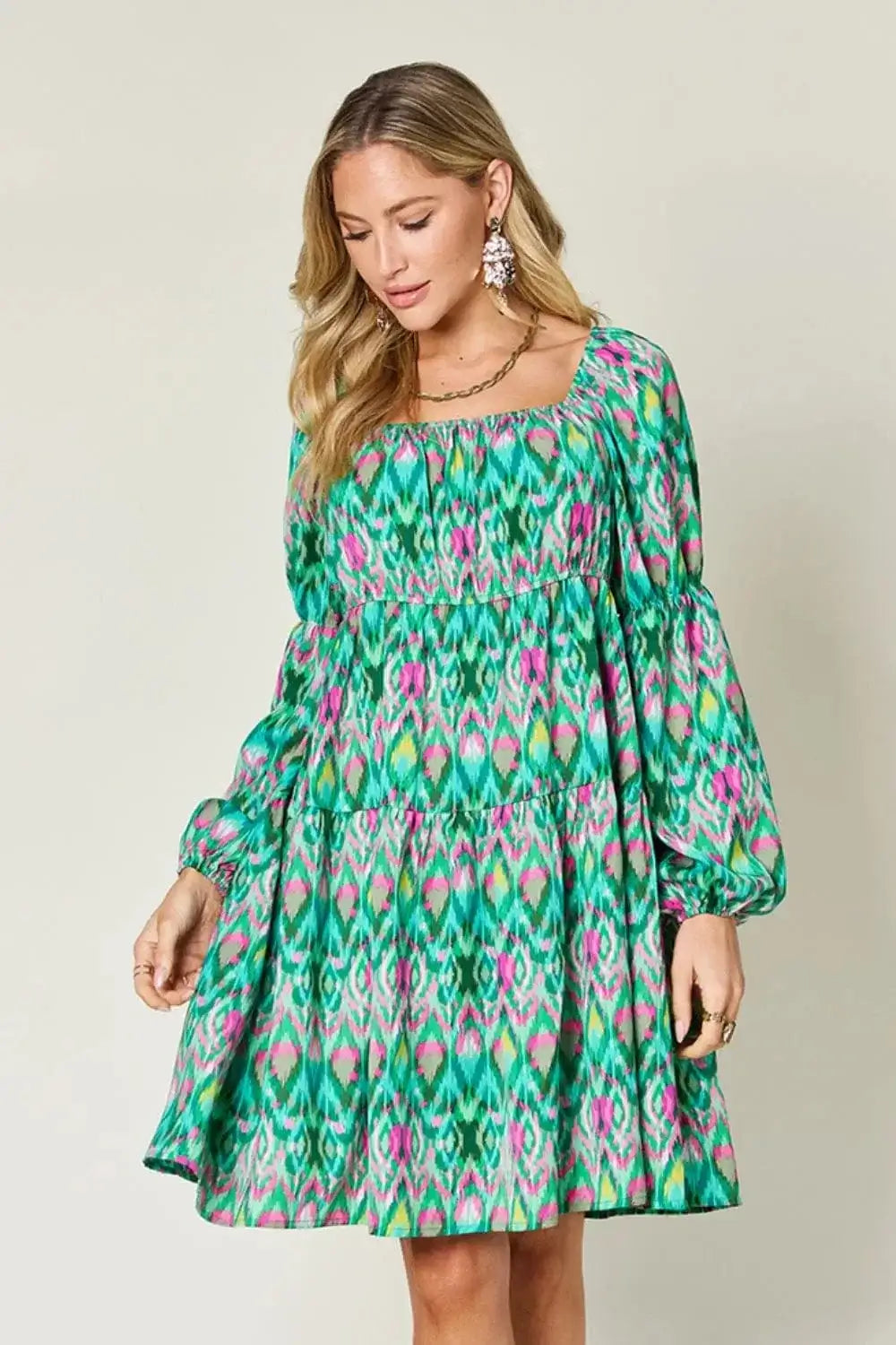 double take printed long sleeve dress
