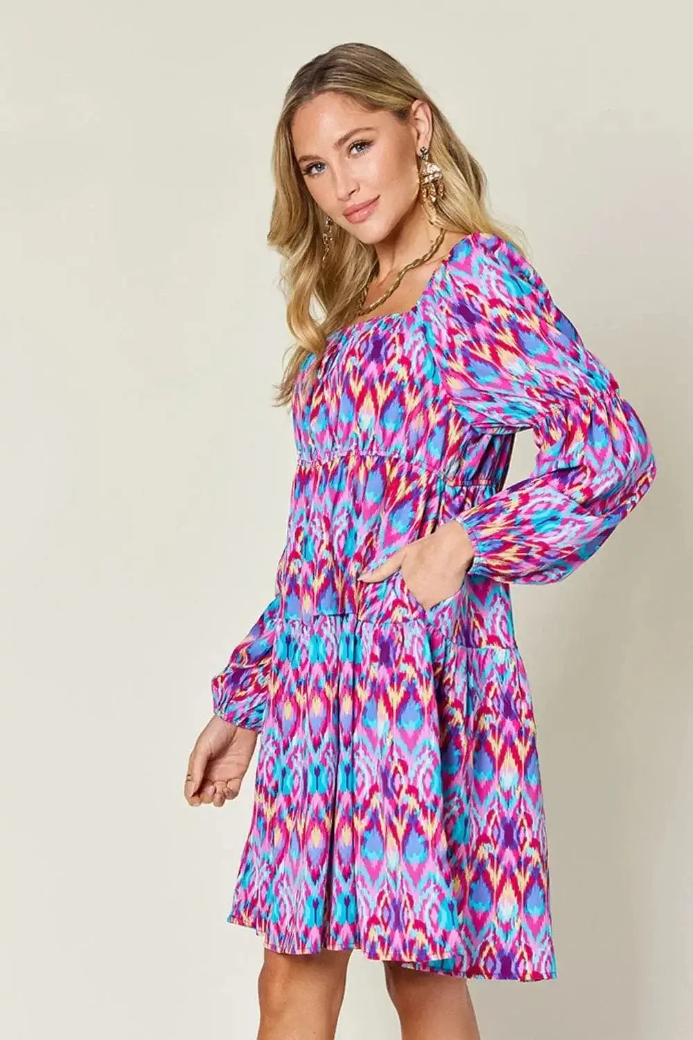 double take printed long sleeve dress