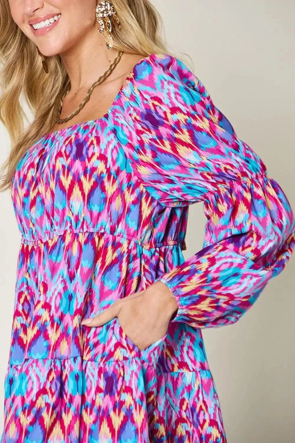 double take printed long sleeve dress