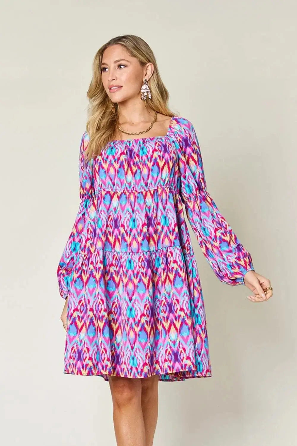 double take printed long sleeve dress