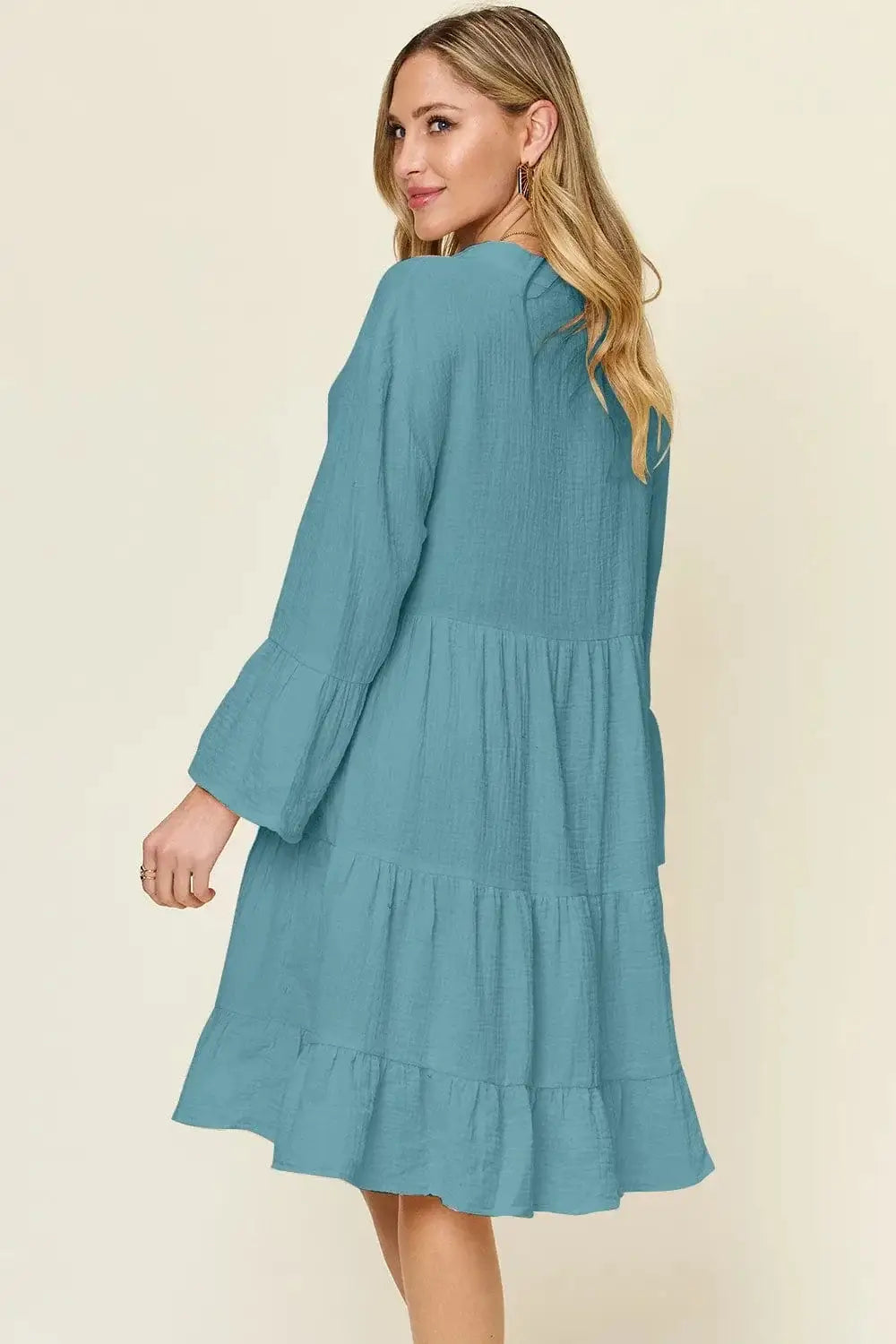double take button up ruffle hem dress