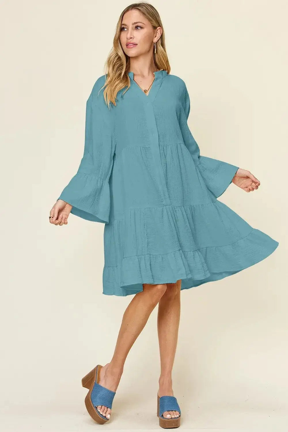 double take button up ruffle hem dress