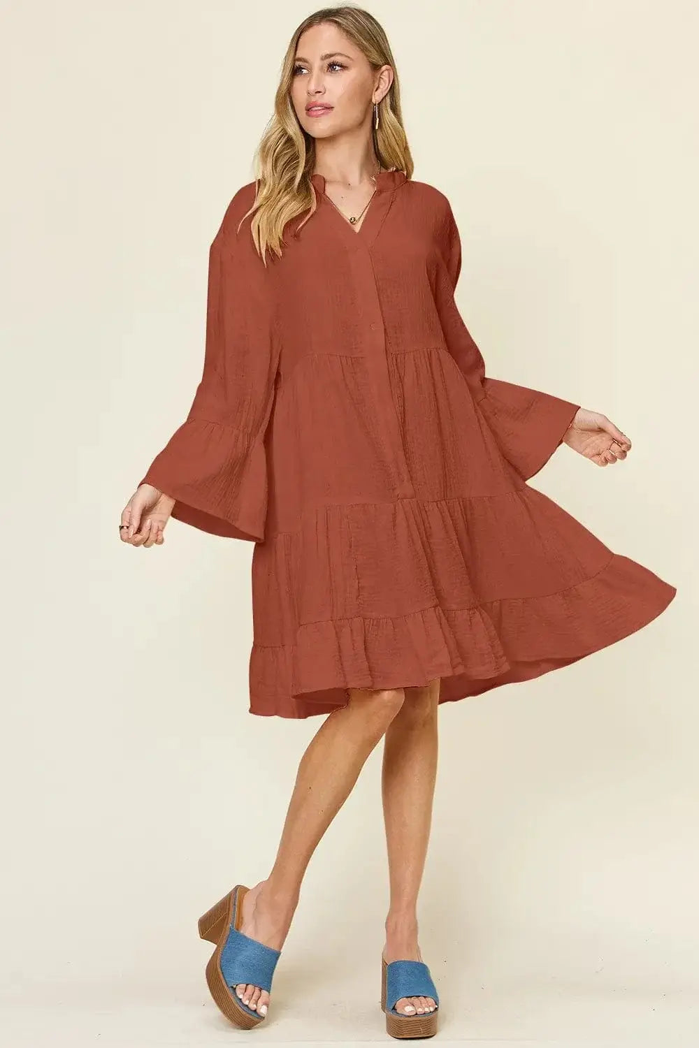 Dresses Double Take Full Size Texture Button Up Ruffle Hem Dress Double Take Full Size Texture Button Up Ruffle Hem Dress