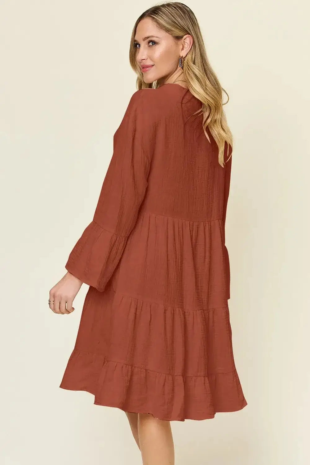 double take button up ruffle hem dress
