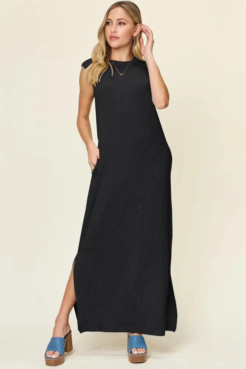 Dresses Double Take Full Size Texture Mock Neck Sleeveless Maxi Dress Double Take Full Size Texture Mock Neck Sleeveless Maxi Dress