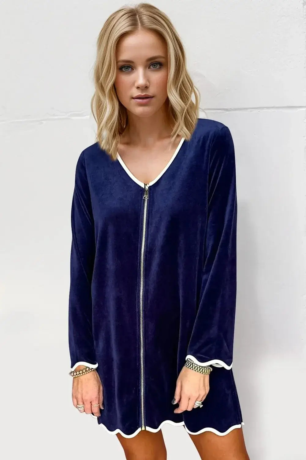 double take wave contrast v-neck zip up mini dress