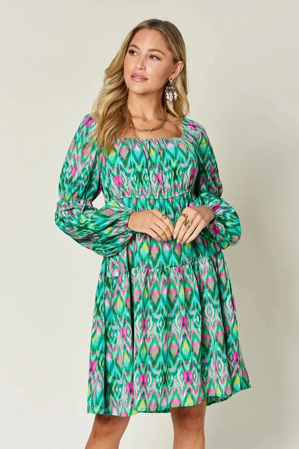 Dresses Green / S Double Take Full Size Printed Long Sleeve Dress Double Take Full Size Printed Long Sleeve Dress