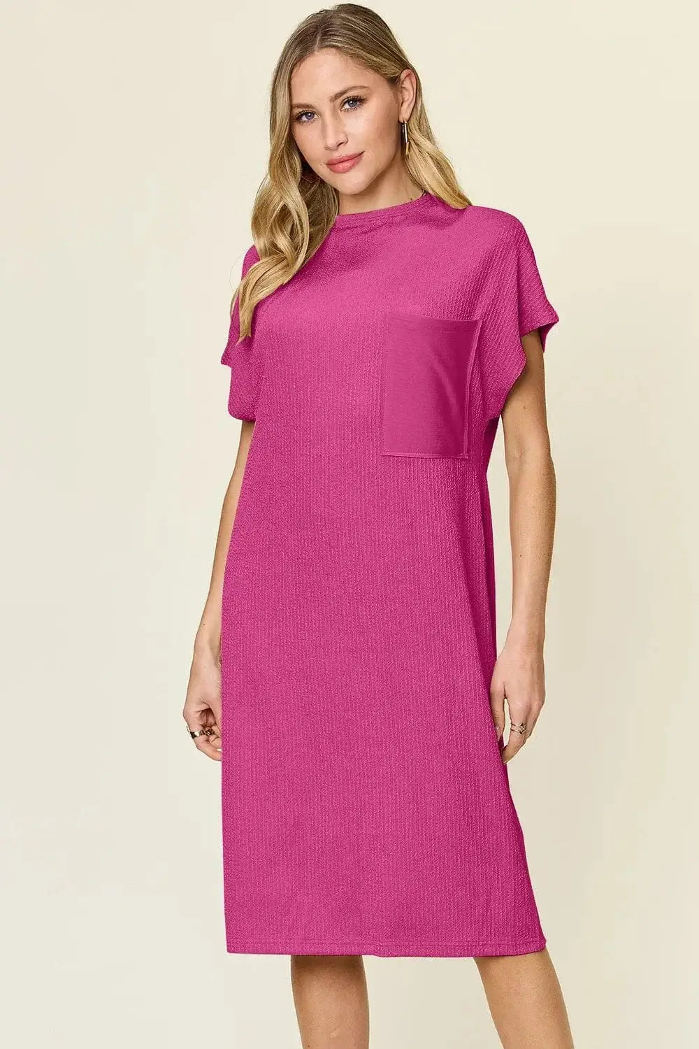Dresses Hot Pink / S Double Take Full Size Texture Mock Neck Short Sleeve Dress Double Take Full Size Texture Mock Neck Short Sleeve Dress