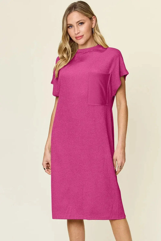 Dresses Hot Pink / S Double Take Full Size Texture Mock Neck Short Sleeve Dress Double Take Full Size Texture Mock Neck Short Sleeve Dress
