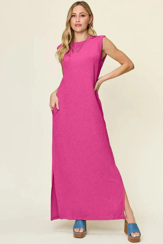 Dresses Hot Pink / S Double Take Full Size Texture Mock Neck Sleeveless Maxi Dress Double Take Full Size Texture Mock Neck Sleeveless Maxi Dress