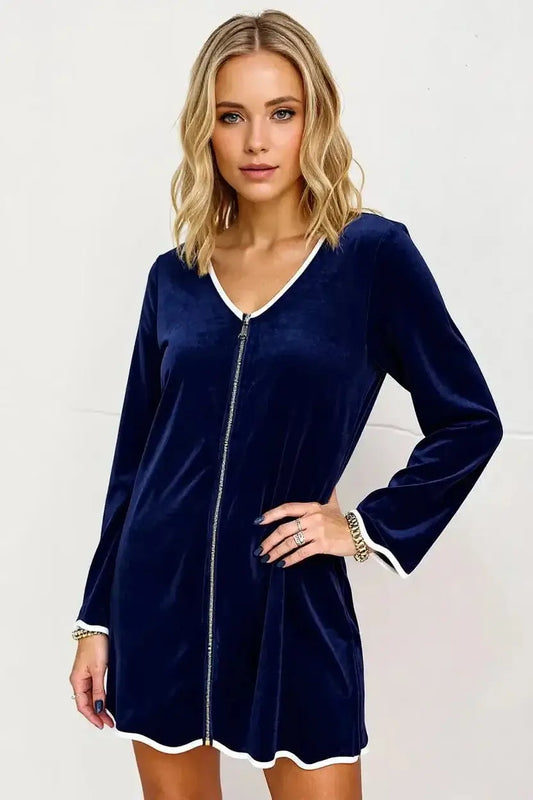 double take wave contrast v-neck zip up mini dress